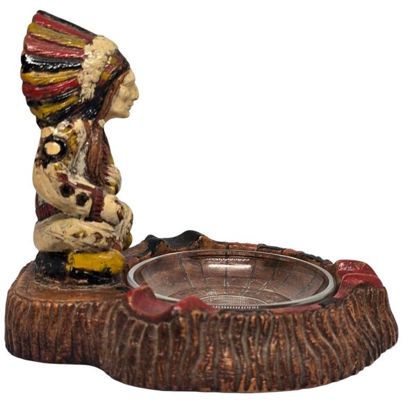 Vintage Hand-Painted Native American Chief Figurine Ashtray With Glass Bowl Inse - Picture 5 of 6